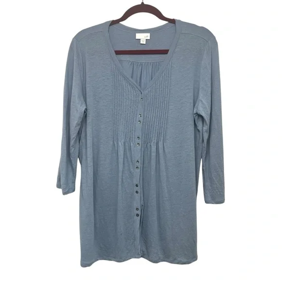 J. Jill Slate Blue Linen Modal Pintuck Button Front Casual Blouse Top Medium - Picture 7 of 9